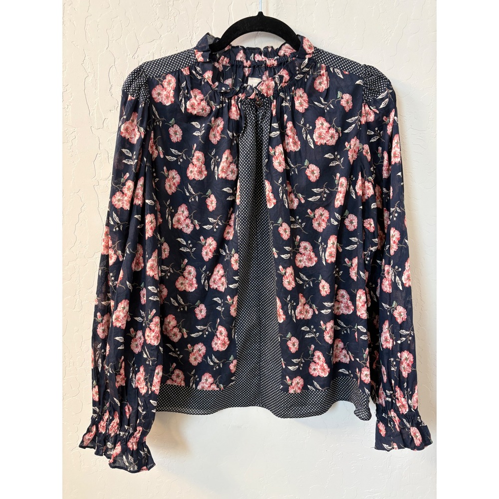 La Vie Rebecca Taylor Women's Adelle Floral Scarf‎ Print Top Blue/Pink Sz L